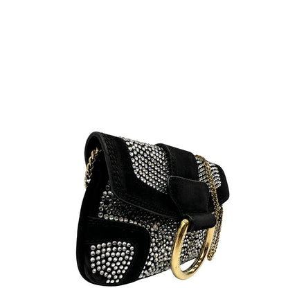 lato Borsa D&G in pelle scamosciata nera con parti metalliche dorate e impreziosita da strass; munita di un manico singolo in catena. Completa di corredo, di lusso, originale, usata.  