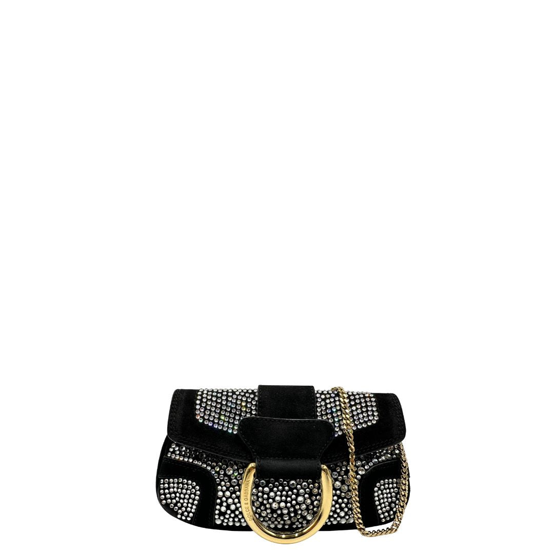 front Borsa D&G in pelle scamosciata nera con parti metalliche dorate e impreziosita da strass; munita di un manico singolo in catena. Completa di corredo, di lusso, originale, usata.  