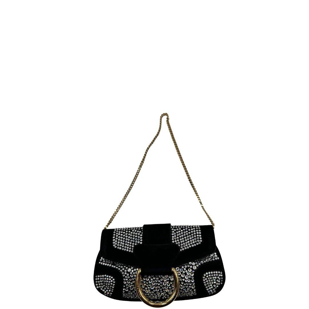 front Borsa D&G in pelle scamosciata nera con parti metalliche dorate e impreziosita da strass; munita di un manico singolo in catena. Completa di corredo, di lusso, originale, usata.  