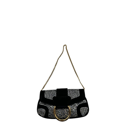 front Borsa D&G in pelle scamosciata nera con parti metalliche dorate e impreziosita da strass; munita di un manico singolo in catena. Completa di corredo, di lusso, originale, usata.  
