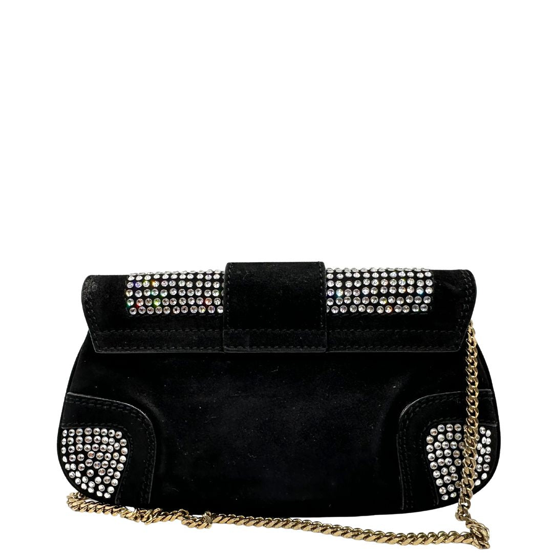 retro Borsa D&G in pelle scamosciata nera con parti metalliche dorate e impreziosita da strass; munita di un manico singolo in catena. Completa di corredo, di lusso, originale, usata. 