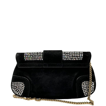 retro Borsa D&G in pelle scamosciata nera con parti metalliche dorate e impreziosita da strass; munita di un manico singolo in catena. Completa di corredo, di lusso, originale, usata. 