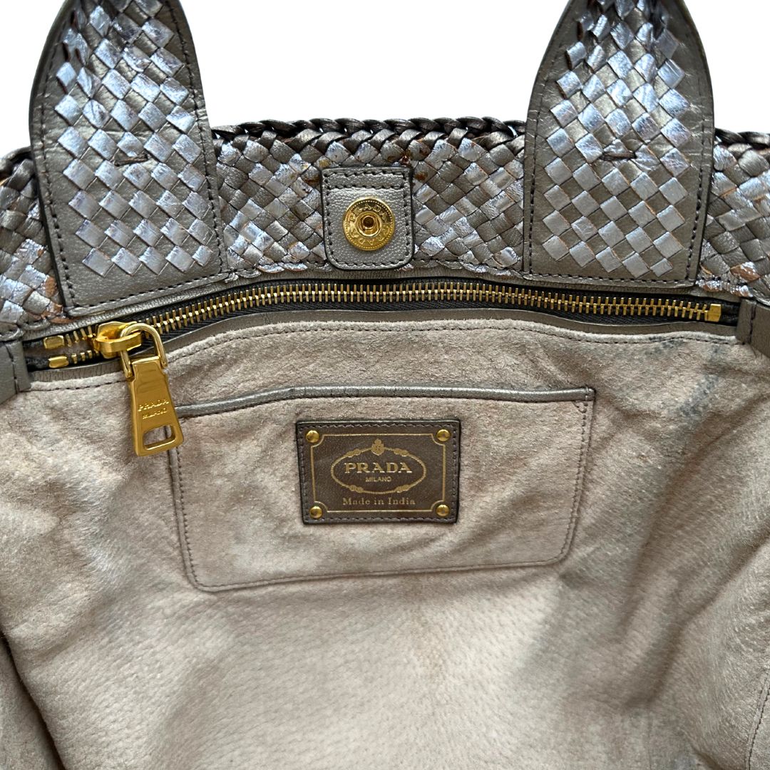 Satchel Madras Prada in pelle intrecciata