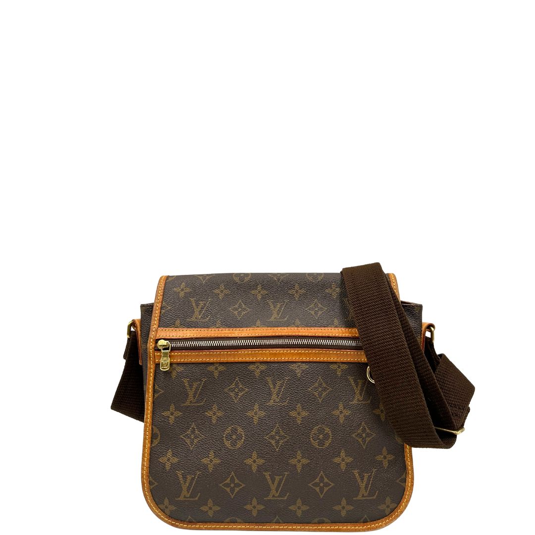 front Borsa Messenger Bosphore Louis Vuitton in canvas marrone monogram con finiture in vacchetta naturale, tracolla in tessuto regolabile e parti metalliche dorate, di lusso, originale, usata. 