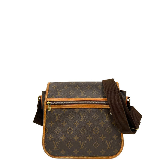 front Borsa Messenger Bosphore Louis Vuitton in canvas marrone monogram con finiture in vacchetta naturale, tracolla in tessuto regolabile e parti metalliche dorate, di lusso, originale, usata. 