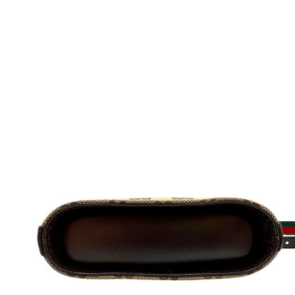 Base Borsa Gucci in tessuto GG monogram beige con finiture in pelle marroni testa di moro e parti metalliche dorate, munita di una tracolla in tessuto Web verde e rosso. Completa di dustbag. Originale, usata, di lusso, in ottime condizioni