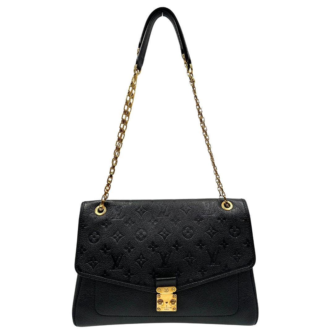 front Borsa Louis Vuitton in pelle nera monogram Empreinte con parti metalliche dorate; munita di una tracolla scorrevole in catena con spallaccio in pelle, di lusso, originale, ottime condizioni. 