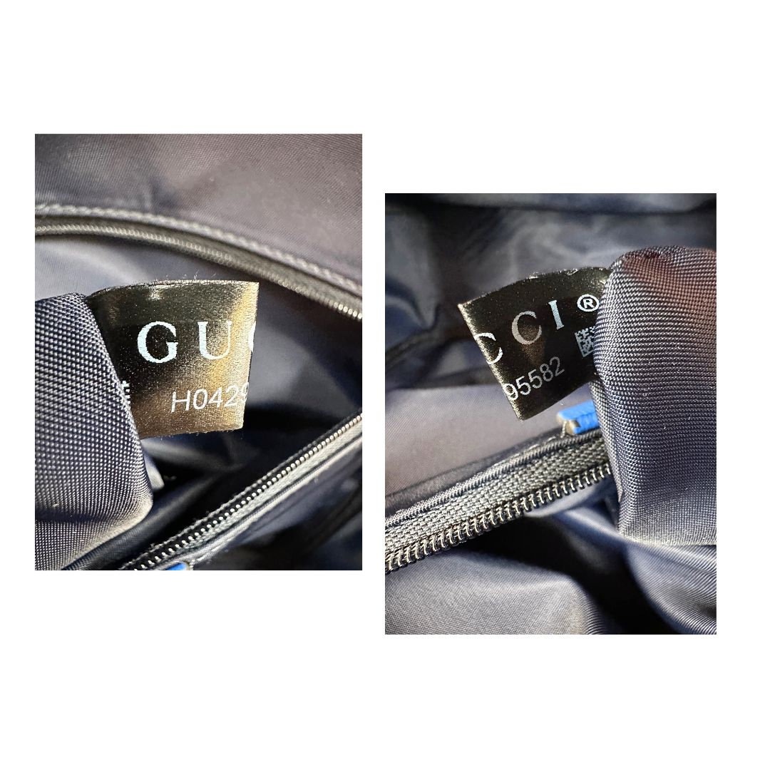  Zaino Gucci in canvas blu e bianco monogram con parti metalliche dorate; munito di un manico e doppie bretelle con iconica trama Web blu e rossa. Completo di dustbag. Originale, usata, di lusso, in condizioni eccellenti.