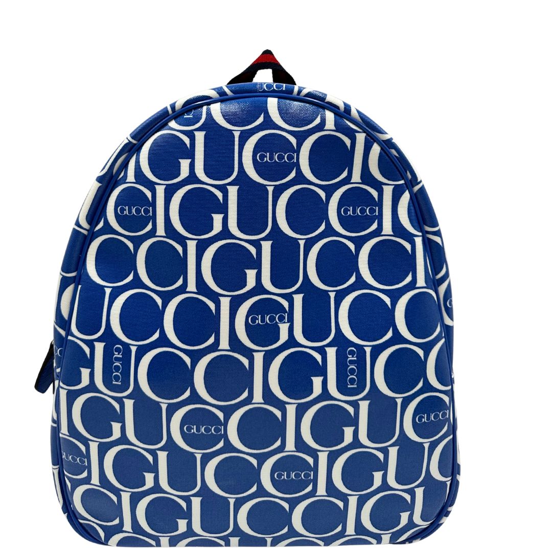 Front Zaino Gucci in canvas blu e bianco monogram con parti metalliche dorate; munito di un manico e doppie bretelle con iconica trama Web blu e rossa. Completo di dustbag. Originale, usata, di lusso, in condizioni eccellenti.
