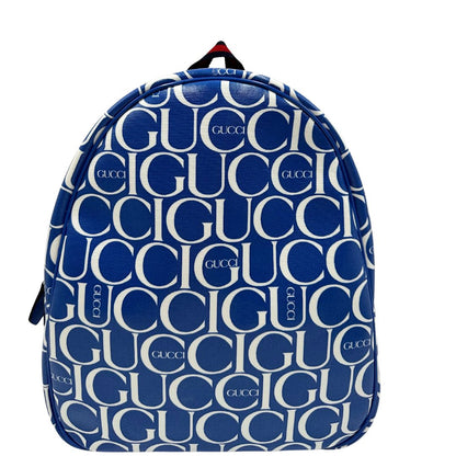 Front Zaino Gucci in canvas blu e bianco monogram con parti metalliche dorate; munito di un manico e doppie bretelle con iconica trama Web blu e rossa. Completo di dustbag. Originale, usata, di lusso, in condizioni eccellenti.