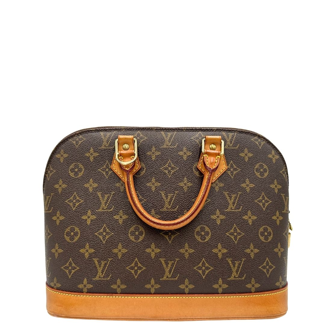 retro Borsa Louis Vuitton in canvas marrone monogram con finiture in vacchetta naturale e parti metalliche dorate; munita di doppi manici stondati, da portare a mano. Completa di chiavi e lucchetto, di lusso, originale, ottime condizioni. 