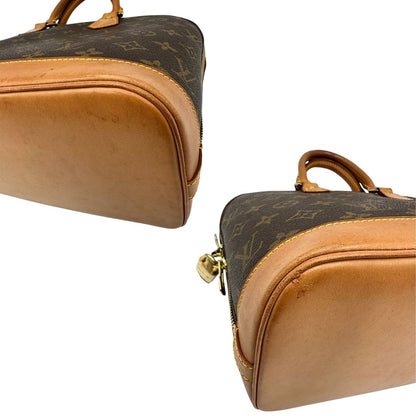 angoli Borsa Louis Vuitton in canvas marrone monogram con finiture in vacchetta naturale e parti metalliche dorate; munita di doppi manici stondati, da portare a mano. Completa di chiavi e lucchetto, di lusso, originale, ottime condizioni. 