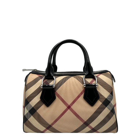 front Borsa Burberry in canvas trama tartan con finiture in pelle verniciata nera e parti metalliche argentate; munita di doppi manici, da portare a mano. Completa di dustbag, di lusso, originale, ottime condizioni, usata. 