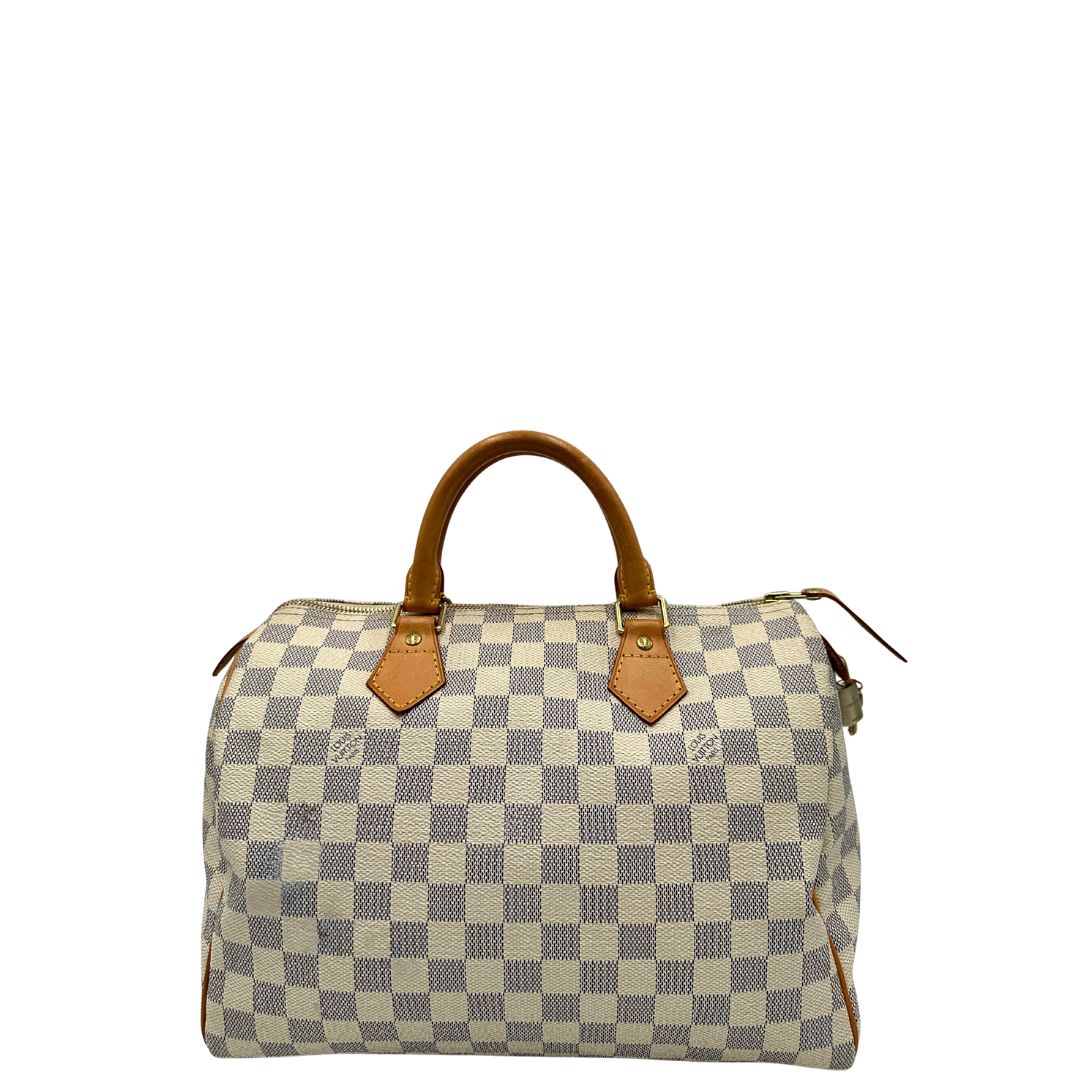 front  Borsa Speedy 30 Louis Vuitton in canvas Damier Azur con finiture in vacchetta naturale e parti metalliche dorate. Completo di lucchetto, chiavi e corredo, di lusso, originale, ottime condizioni. 