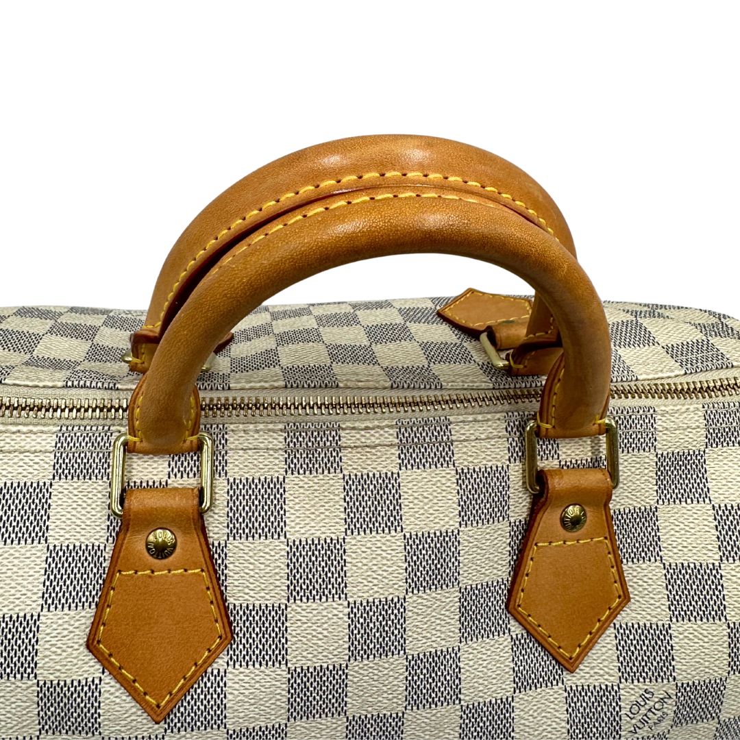 manici  Borsa Speedy 30 Louis Vuitton in canvas Damier Azur con finiture in vacchetta naturale e parti metalliche dorate. Completo di lucchetto, chiavi e corredo, di lusso, originale, ottime condizioni.