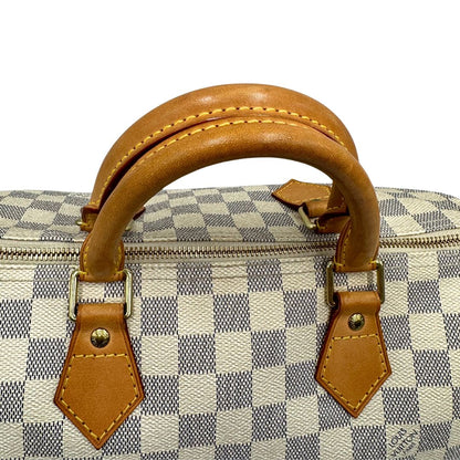 manici  Borsa Speedy 30 Louis Vuitton in canvas Damier Azur con finiture in vacchetta naturale e parti metalliche dorate. Completo di lucchetto, chiavi e corredo, di lusso, originale, ottime condizioni.