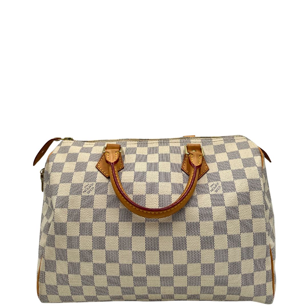 retro  Borsa Speedy 30 Louis Vuitton in canvas Damier Azur con finiture in vacchetta naturale e parti metalliche dorate. Completo di lucchetto, chiavi e corredo, di lusso, originale, ottime condizioni. 