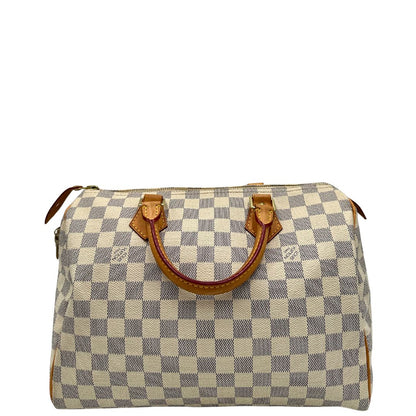 retro  Borsa Speedy 30 Louis Vuitton in canvas Damier Azur con finiture in vacchetta naturale e parti metalliche dorate. Completo di lucchetto, chiavi e corredo, di lusso, originale, ottime condizioni. 