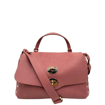 Front di una Borsa Zanellato in pelle rosa con parti metalliche in oro chiaro munita di un manico singolo e una tracolla amovibile e regolabile. Originale, usata, di lusso, in ottime condizioni