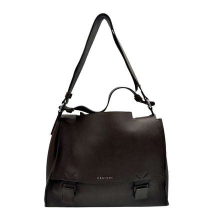 front Borsa Orciani in pelle marrone con parti metalliche argentate; munita di un manico singolo e una tracolla regolabile. Completa di dustbag, di lusso, originale, ottime condizioni.