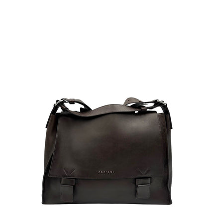 front Borsa Orciani in pelle marrone con parti metalliche argentate; munita di un manico singolo e una tracolla regolabile. Completa di dustbag, di lusso, originale, ottime condizioni. 