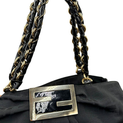 Borsa Fendi in tessuto nero con trama Zucca con finiture in pelle tono su tono e parti metalliche dorate; munita di doppi manici in pelle e catena. Completa di dustbag, di lusso, originale, ottime condizioni, usata.