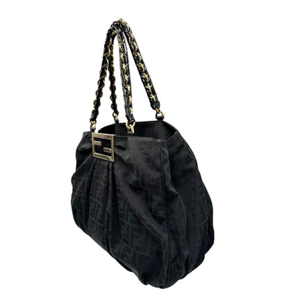 lato Borsa Fendi in tessuto nero con trama Zucca con finiture in pelle tono su tono e parti metalliche dorate; munita di doppi manici in pelle e catena. Completa di dustbag, di lusso, originale, ottime condizioni, usata