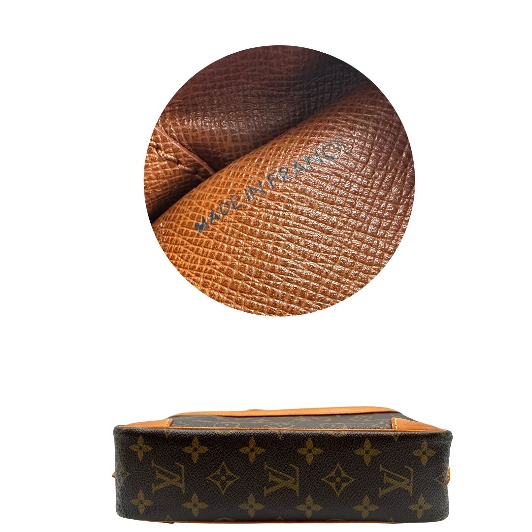 base Borsa Louis Vuitton in canvas marrone monogram con finiture in vacchetta naturale e parti metalliche dorate; munita di una tracolla regolabile, di lusso, originale, ottime condizioni.