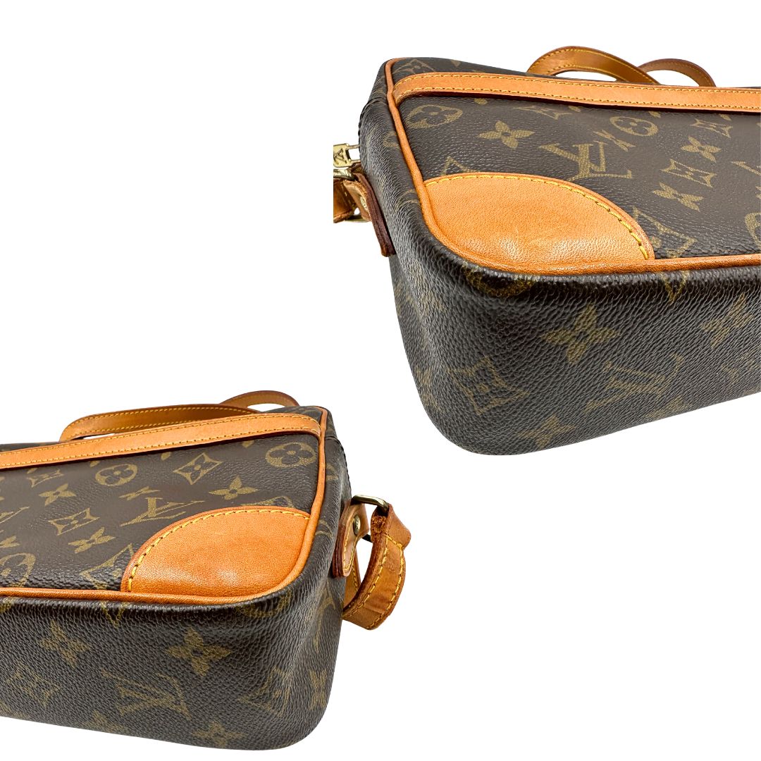 angoli Borsa Louis Vuitton in canvas marrone monogram con finiture in vacchetta naturale e parti metalliche dorate; munita di una tracolla regolabile, di lusso, originale, ottime condizioni. 