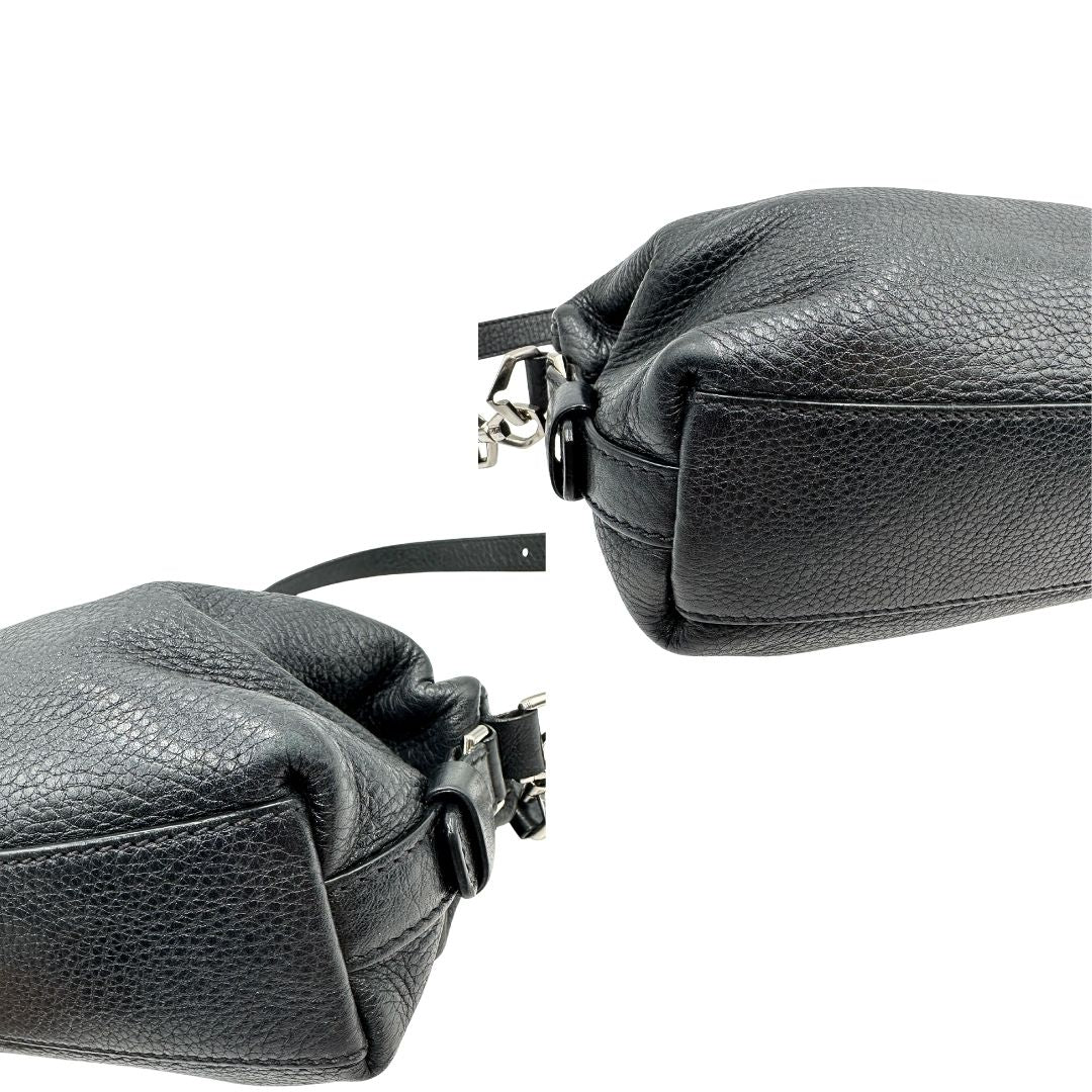 angoli Borsa Nightingale Givenchy in pelle nera con parti metalliche argentate; munita di doppi manici e una tracolla amovibile e regolabile, di lusso, originale, ottime condizioni, usata. 