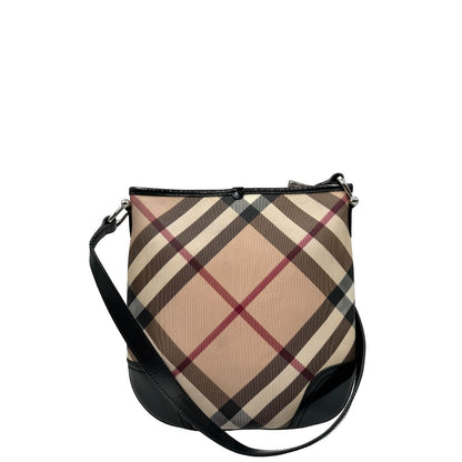 retro Borsa Burberry in canvas trama tartan con finiture in pelle nera verniciata e parti metalliche argentate; munita di una tracolla regolabile, di lusso, originale, ottime condizioni. 