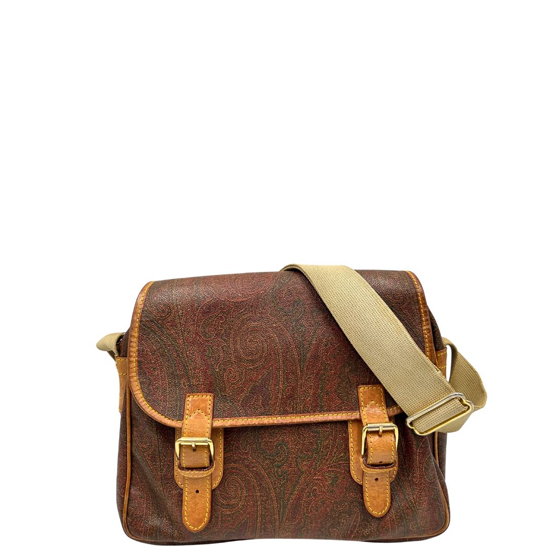 front Borsa Etro in canvas trama Paisley con finiture in pelle color cammello e parti metalliche dorate; munita di una tracolla in tessuto regolabile, di lusso, originale, ottime condizioni.