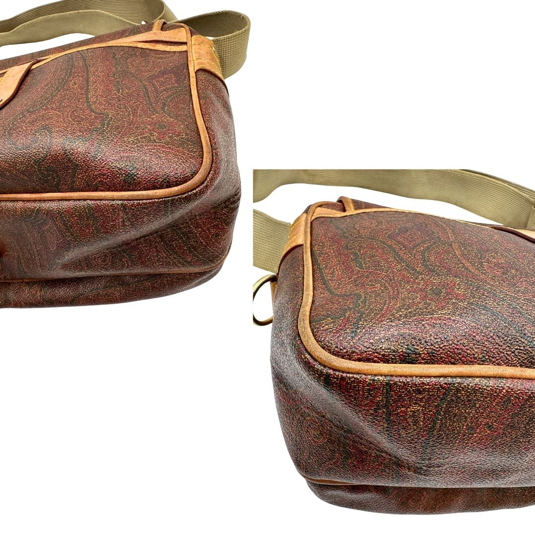 angoli Borsa Etro in canvas trama Paisley con finiture in pelle color cammello e parti metalliche dorate; munita di una tracolla in tessuto regolabile, di lusso, originale, ottime condizioni. 