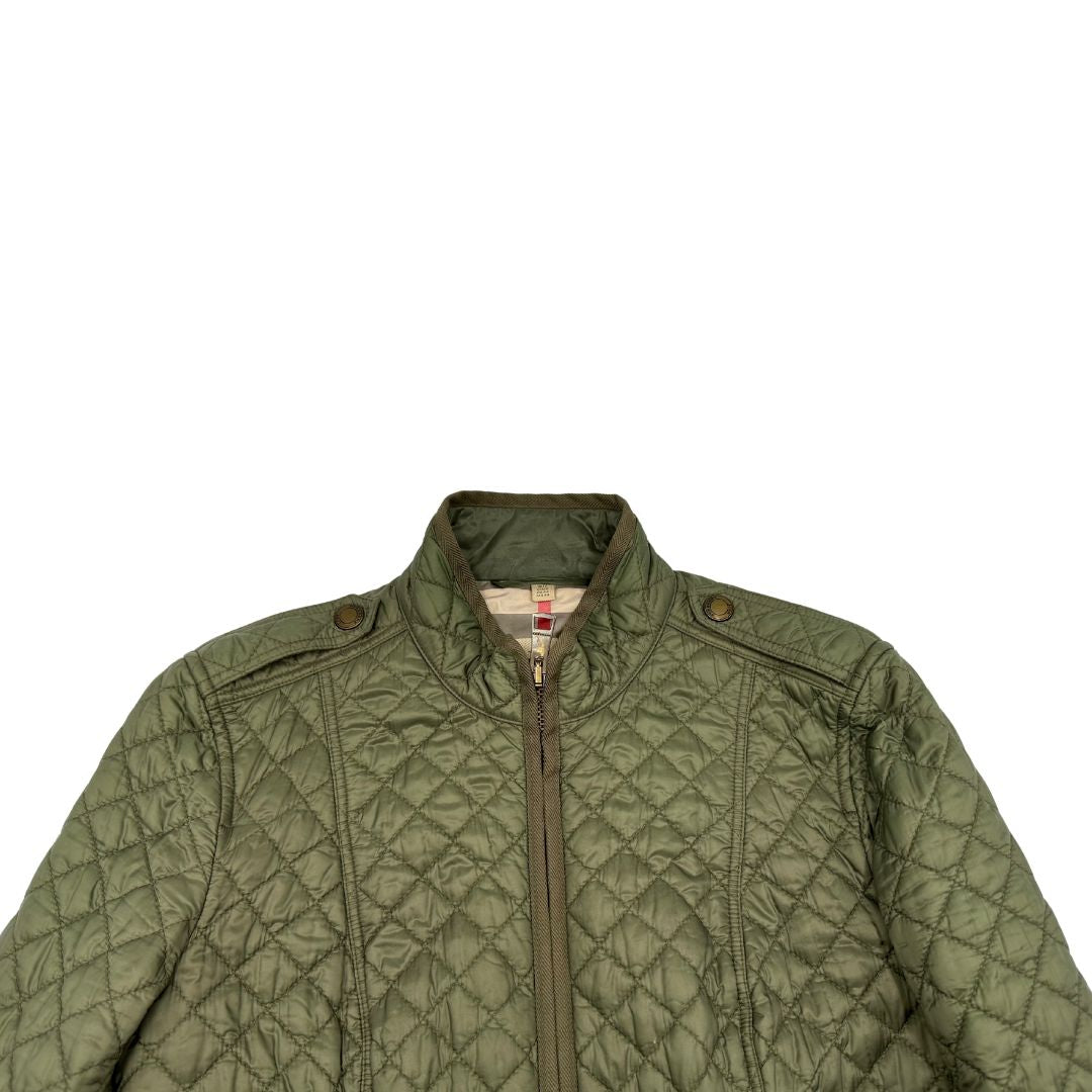 Giacca Burberry trapuntata verde oliva con interno trama tartan in 100% poliammide, di lusso, originale, ottime condizioni, usata.