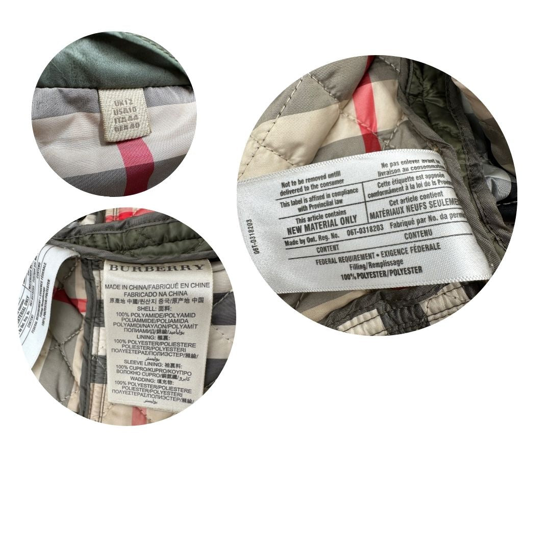 Giacca Burberry trapuntata verde oliva con interno trama tartan in 100% poliammide, di lusso, originale, ottime condizioni, usata.