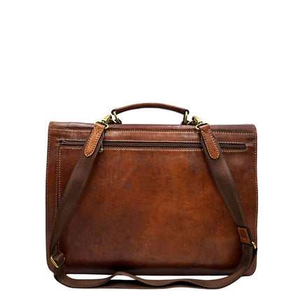 retro  Cartella The Bridge in cuoio marrone con parti metalliche oro anticato; dotata di manico, una tracolla regolabile e amovibile e una clochette portachiavi, di lusso, originale, ottime condizioni, usata. 