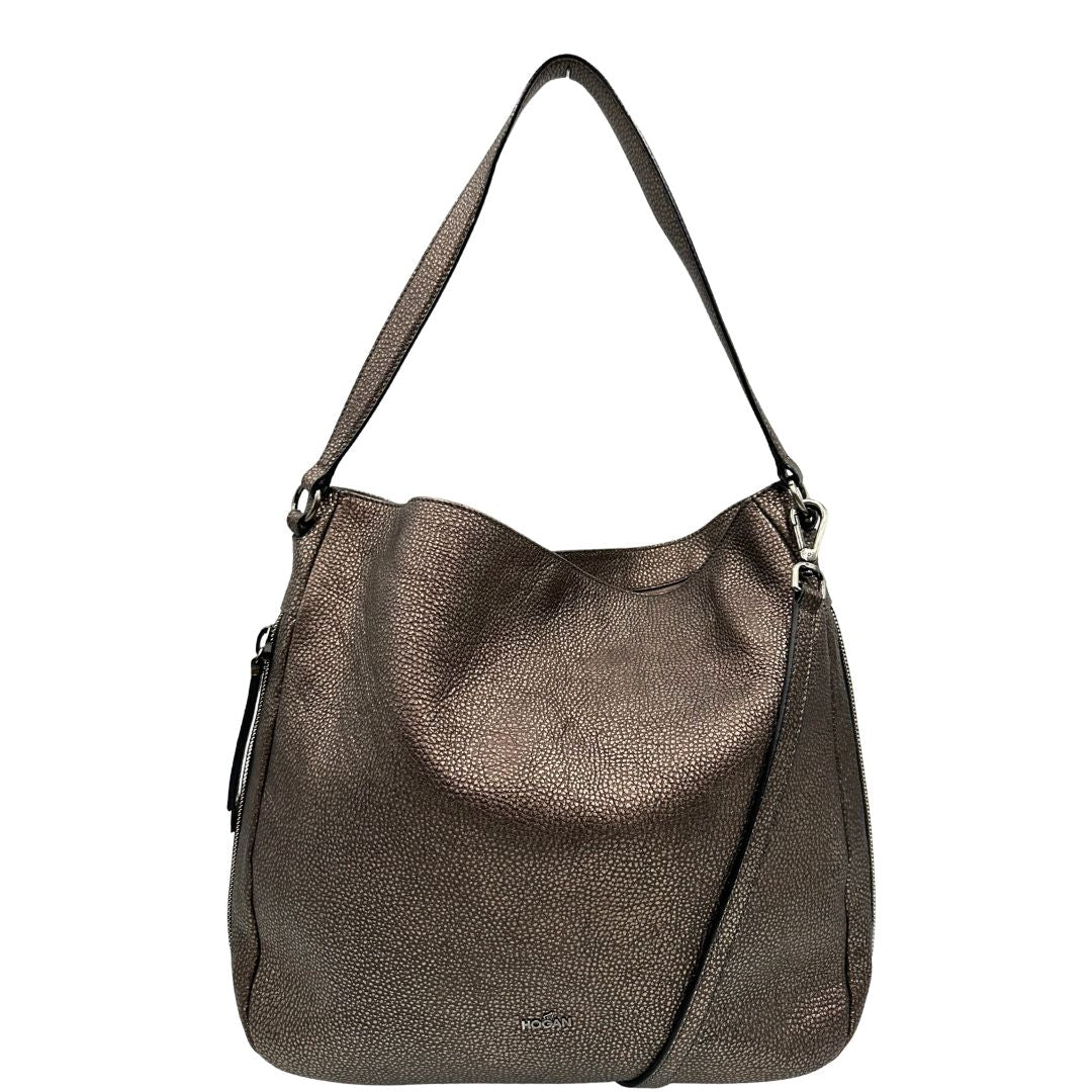 front Borsa Hogan in pelle color bronzo e parti metalliche argento anticato; munita di un manico singolo e una tracolla amovibile e regolabile. Completa di dustbag, di lusso, originale. 