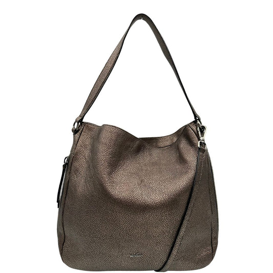 front Borsa Hogan in pelle color bronzo e parti metalliche argento anticato; munita di un manico singolo e una tracolla amovibile e regolabile. Completa di dustbag, di lusso, originale. 