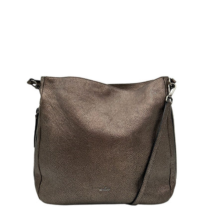 front Borsa Hogan in pelle color bronzo e parti metalliche argento anticato; munita di un manico singolo e una tracolla amovibile e regolabile. Completa di dustbag, di lusso, originale. 