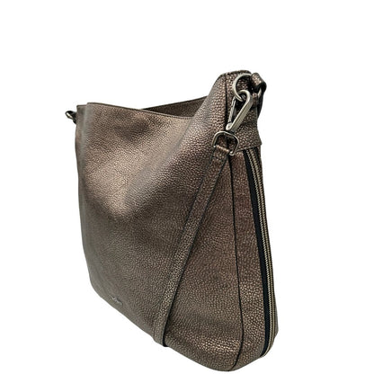lato Borsa Hogan in pelle color bronzo e parti metalliche argento anticato; munita di un manico singolo e una tracolla amovibile e regolabile. Completa di dustbag, di lusso, originale. 