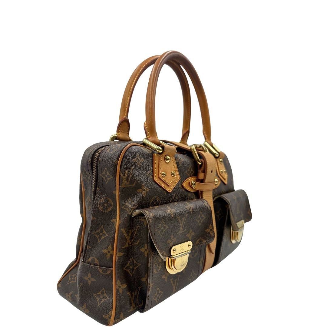 lato  Borsa Louis Vuitton in canvas marrone monogram con finiture in vacchetta naturale e parti metalliche dorate; munita di doppi manici, di lusso, originale, ottime condizioni. 