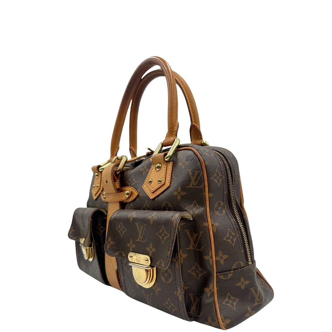 lato  Borsa Louis Vuitton in canvas marrone monogram con finiture in vacchetta naturale e parti metalliche dorate; munita di doppi manici, di lusso, originale, ottime condizioni. 