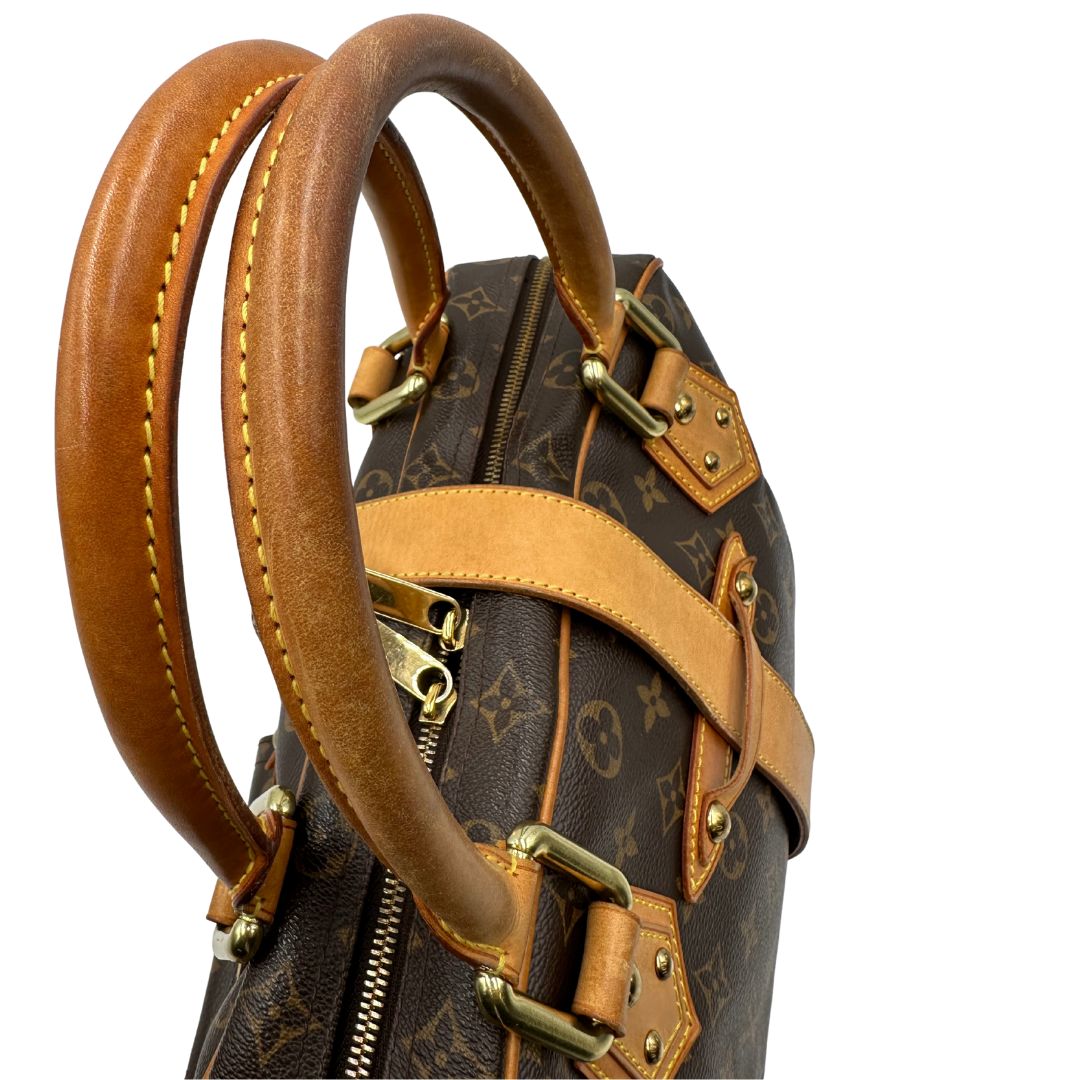manici  Borsa Louis Vuitton in canvas marrone monogram con finiture in vacchetta naturale e parti metalliche dorate; munita di doppi manici, di lusso, originale, ottime condizioni.