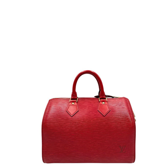front Borsa Louis Vuitton in pelle Epi rosso con parti metalliche dorate; munito di doppi manici stondati, da portare a mano. Completo di lucchetto e chiavi, di lusso, originale, ottime condizioni 