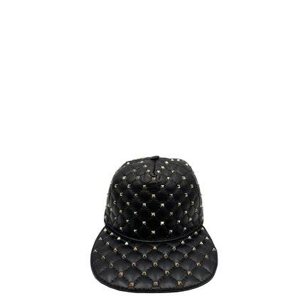 Cappello Valentino Garavani in pelle nera ricoperto da borchie oro chiaro. Munito di cartellino, di lusso, originale, eccellenti condizioni. 