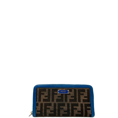 Portafoglio Fendi in tessuto trama Zucca color tabacco con finiture in pelle blu e parti metalliche dorate. Completo di corredo, di lusso, originale, ottime condizioni.