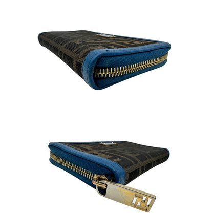 Portafoglio Fendi in tessuto trama Zucca color tabacco con finiture in pelle blu e parti metalliche dorate. Completo di corredo, di lusso, originale, ottime condizioni.