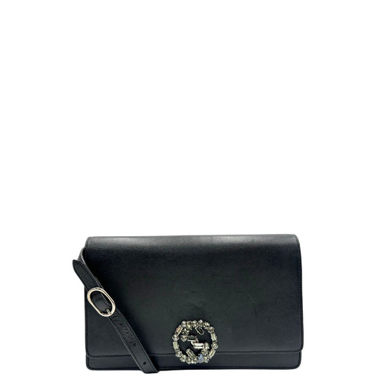 front  Borsa Gucci in pelle nera con logo cristallizzato e parti metalliche argentate; munita di un manico regolabile. Full set, di lusso, originale, usata, ottime condizioni. 