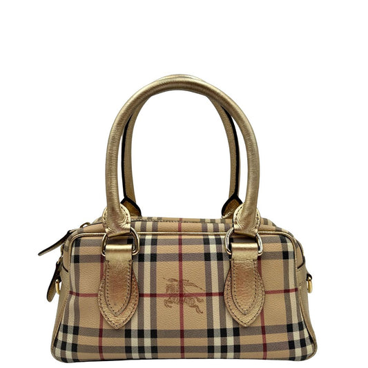 Front di una Borsa Burberry in canvas beige trama tartan con finiture in pelle color oro e parti metalliche dorate. Completa di dustbag. Originale, usato, di lusso, in ottime condizioni.
