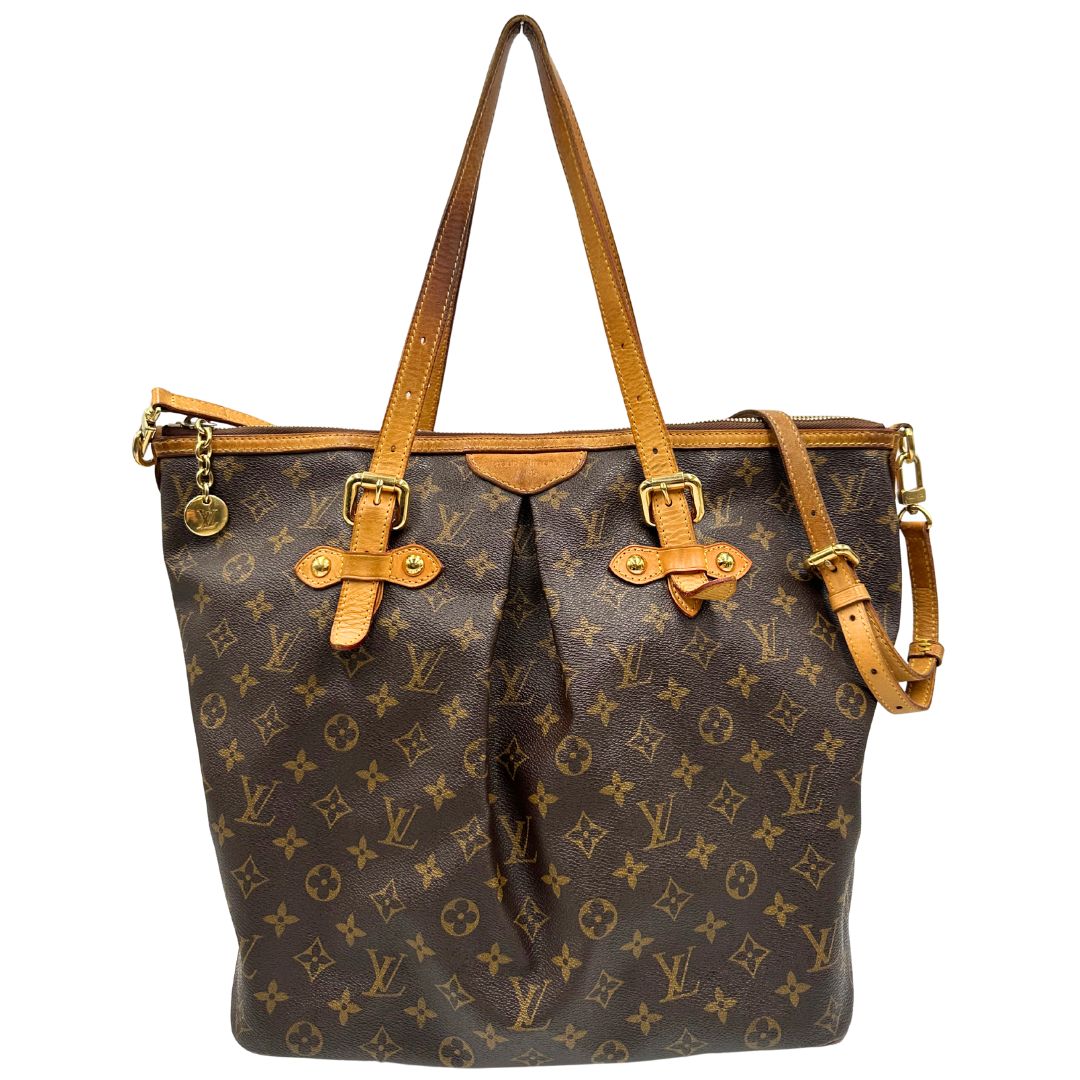 Front di una Borsa Palermo GM Louis Vuitton in canvas marrone monogram con finiture in vacchetta naturale e parti metalliche dorate. Originale, usato, di lusso, in ottime condizioni.